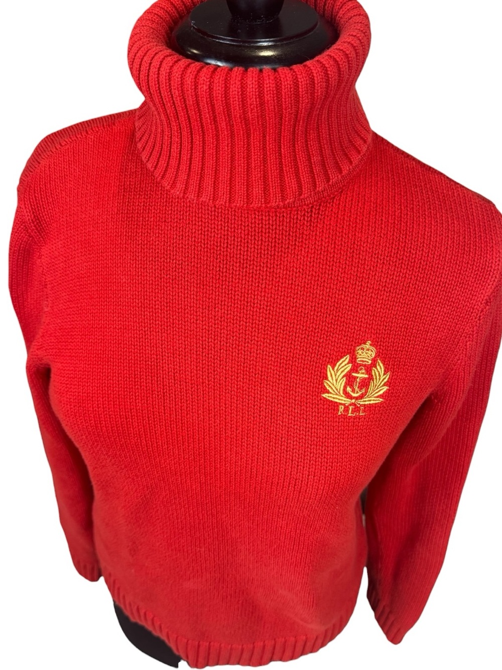 Vintage Ralph Lauren Red Cotton Turtleneck Gold Crest Sweater Women’s Size M - Picture 3 of 8